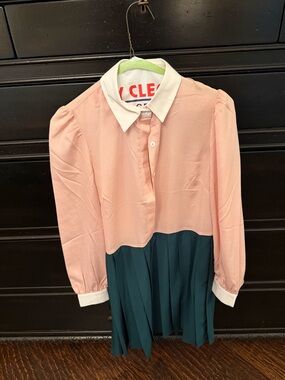 Tuckernuck Two-Tone Pleated Shirt Dress — Pink & Green